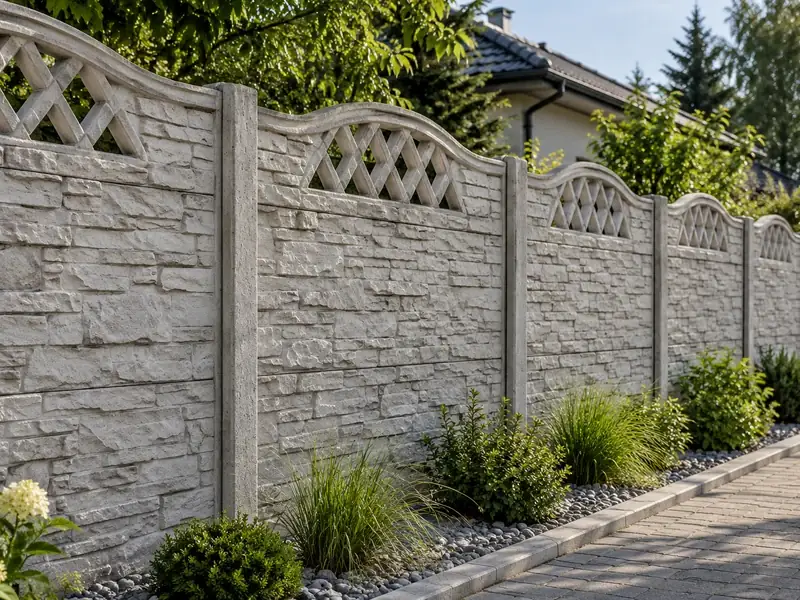 Betonowe ogrodzenie z fakturą kamienia wzdłuż posesji