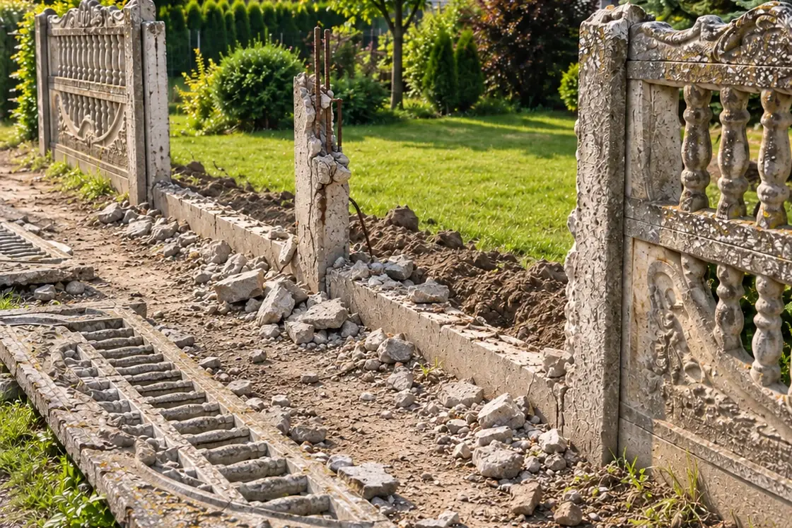Demontaż starego betonowego ogrodzenia przed wymianą na nowe
